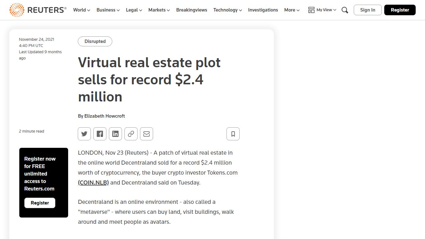 Virtual real estate plot sells for record $2.4 million | Reuters