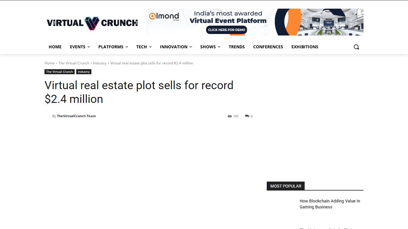 Virtual real estate plot sells for record $2.4 million